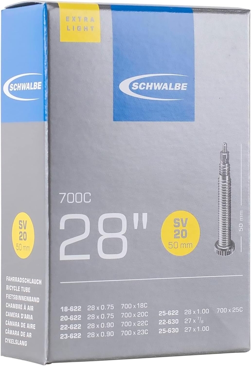 Schwalbe Dętka rowerowa SV20 Extra Light 18/25-622/630 EK 50 mm, zawór Sclaverant, 28 cali