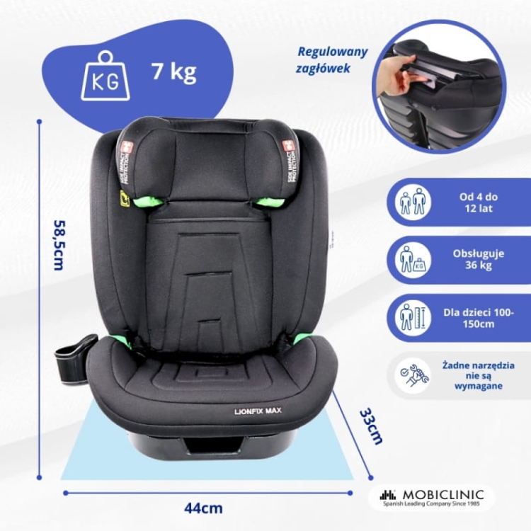 Fotelik samochodowy IsoFix I-Size 100-150cm 3 pozycje odchylania |Grupa 2/3 15-36kg 3,5-12 lat Lionfix Max Mobiclinic