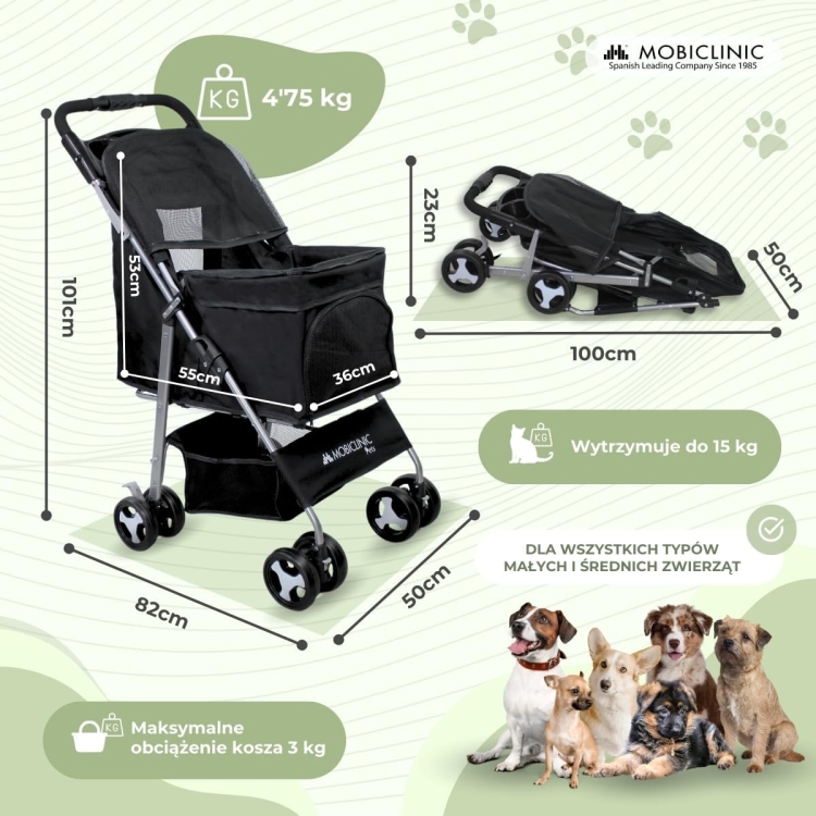Mobiclinic pets, Składany wózek dla psa, Do 15 kg, Małych psów,