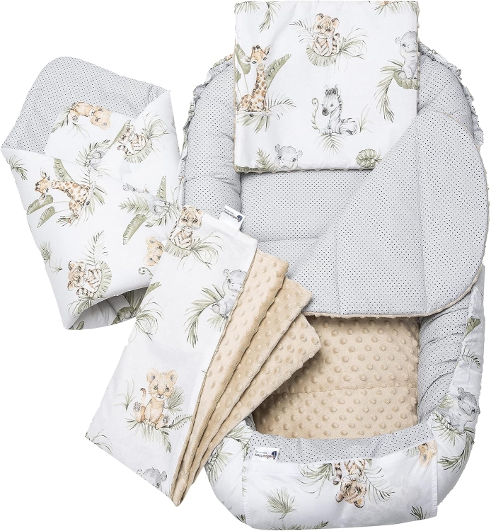 Medi Partners 5el. Kokon Niemowlęcy 100x60x15cm Wyjmowana Wkładka Kocyk Płaska Poduszka Rożek Łóżeczko 100% Bawełna (Safari)