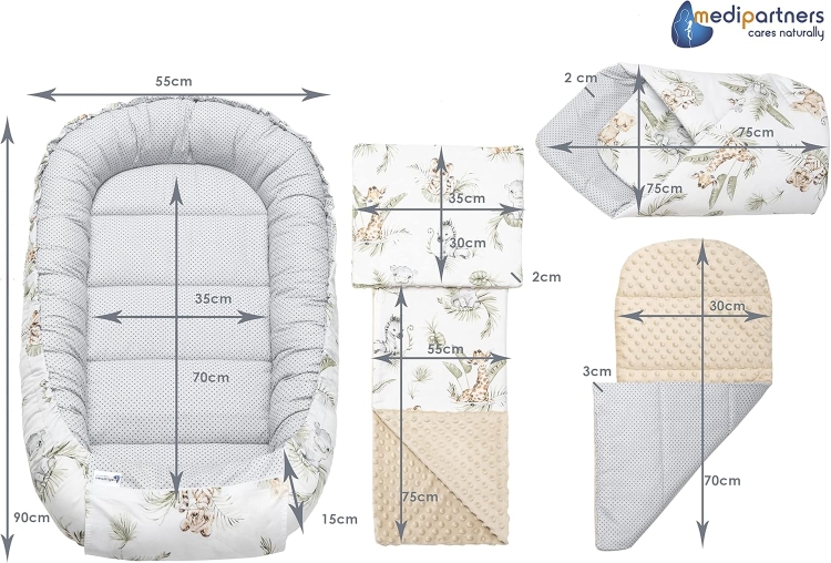 Medi Partners 5el. Kokon Niemowlęcy 100x60x15cm Wyjmowana Wkładka Kocyk Płaska Poduszka Rożek Łóżeczko 100% Bawełna (Safari)