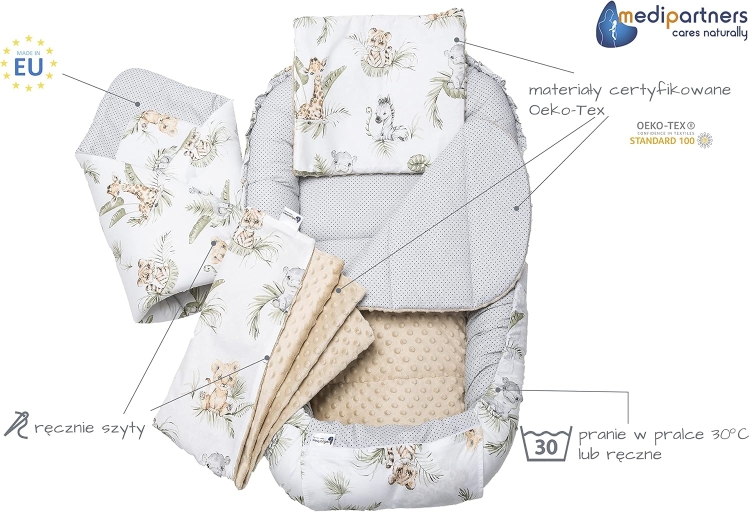 Medi Partners 5el. Kokon Niemowlęcy 100x60x15cm Wyjmowana Wkładka Kocyk Płaska Poduszka Rożek Łóżeczko 100% Bawełna (Safari)