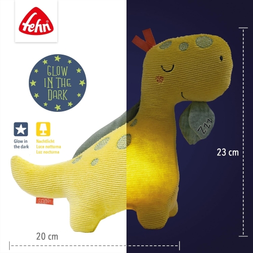 Fehn Lampka nocna Dino – przytulanka z haftem "Glow-in-the-dark" – wielofunkcyjna pomoc w zasypianiu dziecka jako lampka nocna