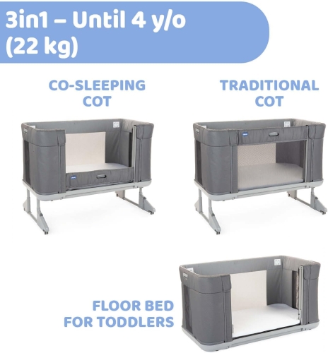 Chicco Next2Me Forever, Łóżeczko dziecięce boczne 3 w 1, łóżeczko staje się łóżeczkiem Montessori, do 4 lat (22 kg), regulowana wysokość