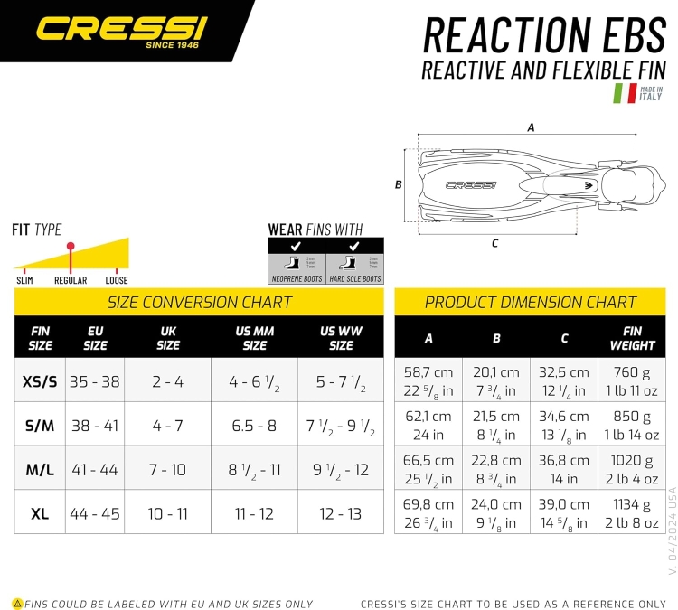 Cressi Reaction EBS Płetwy do nurkowania XS/S 35-38