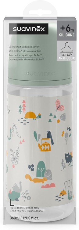 Suavinex Butelka do karmienia 360 ml, symetryczny silikonowy smoczek SX Pro, 6m+