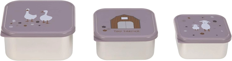 LÄSSIG Pudełko na przekąski zestaw 3 szt. stal szlachetna 3 sztuki Tiny Farmer lilac