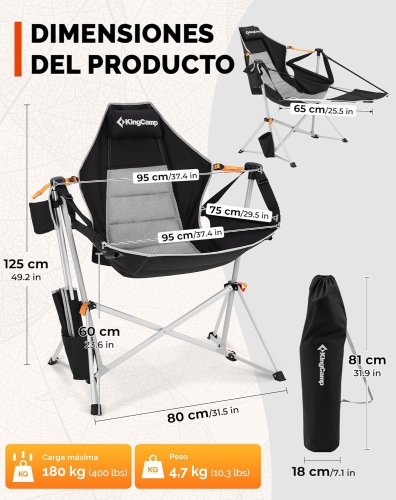 KingCamp Składane krzesło kempingowe z podnóżkiem do 120 kg
