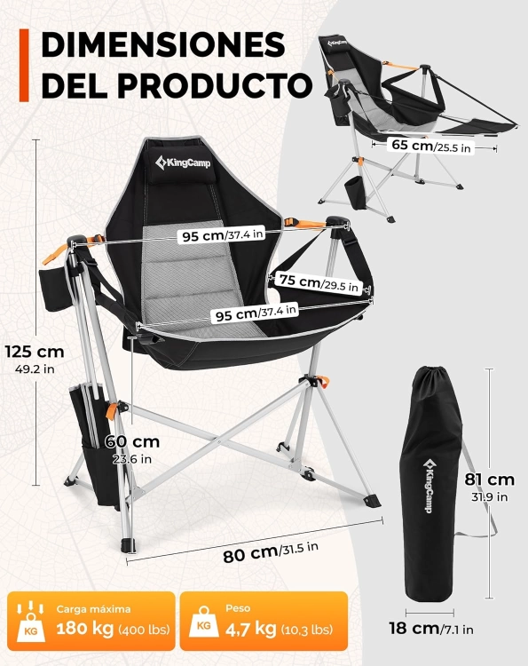 KingCamp Składane krzesło kempingowe z podnóżkiem do 120 kg