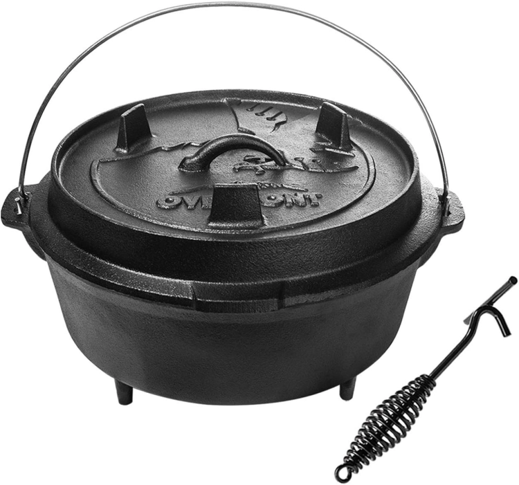 Overmont Dutch Oven garnek żeliwny do gotowania w ogrodzie, na ognisku, na kempingu, rozmiar M