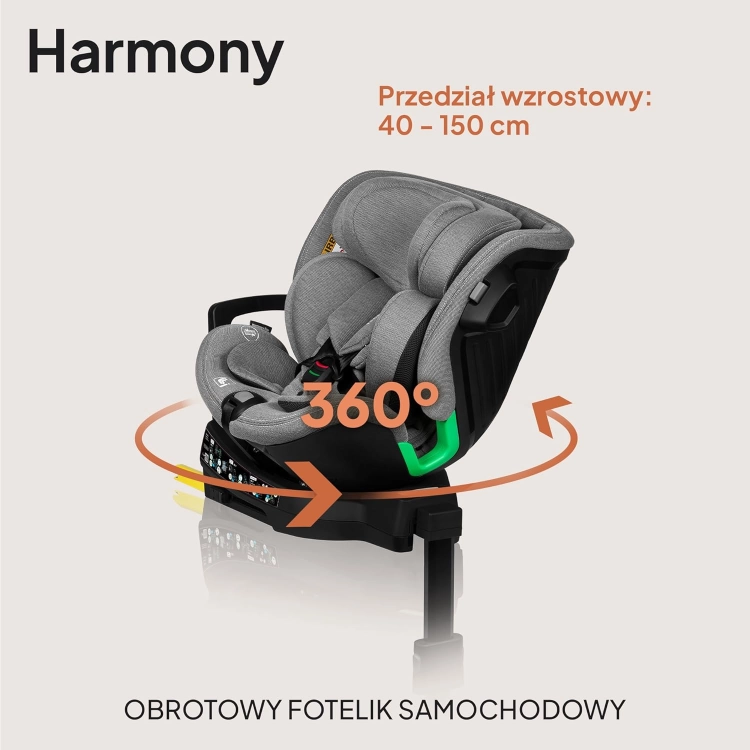LIONELO HARMONY I-SIZE Fotelik Samochodowy Obrotowy 360° dla Dzieci 40-150 CM, Montaż ISOFIX+Noga Stabilizująca