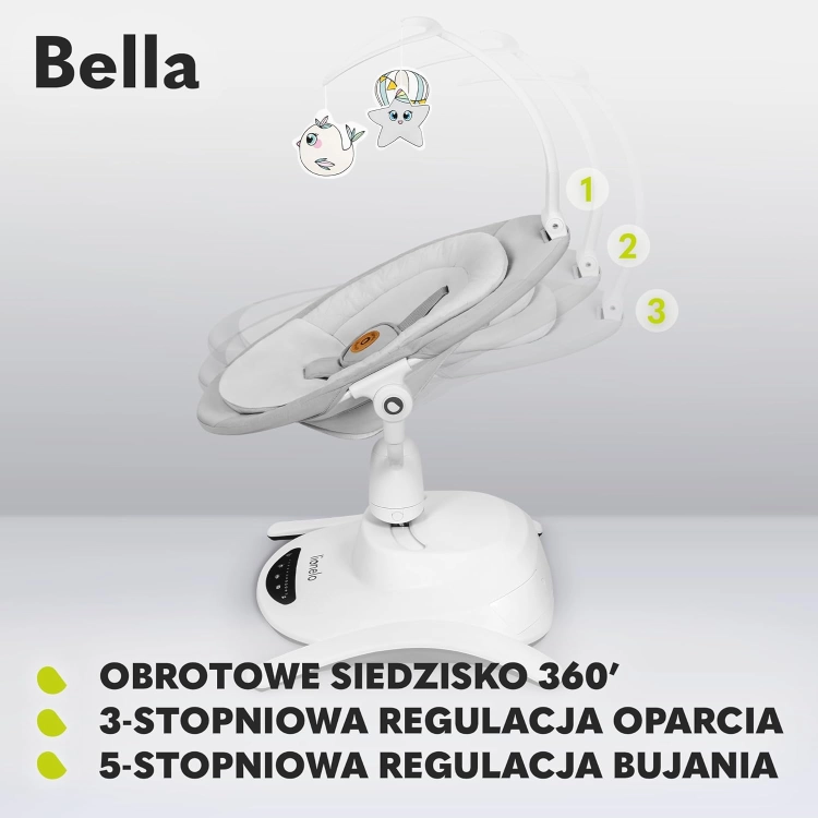 LIONELO Bella Elektryczny Obrotowy Bujaczek 360 dla Niemowląt do 9 kg Regulacja Oparcia