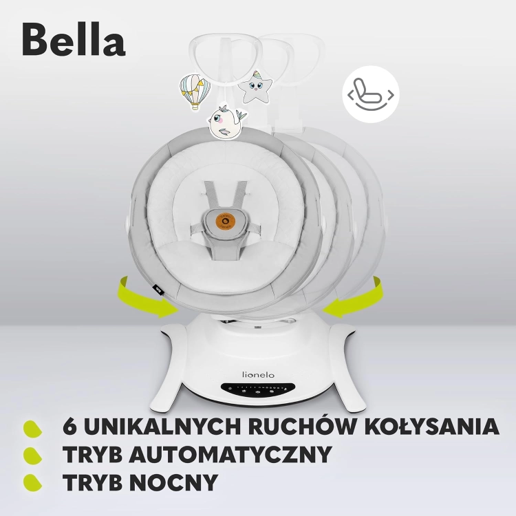 LIONELO Bella Elektryczny Obrotowy Bujaczek 360 dla Niemowląt do 9 kg Regulacja Oparcia