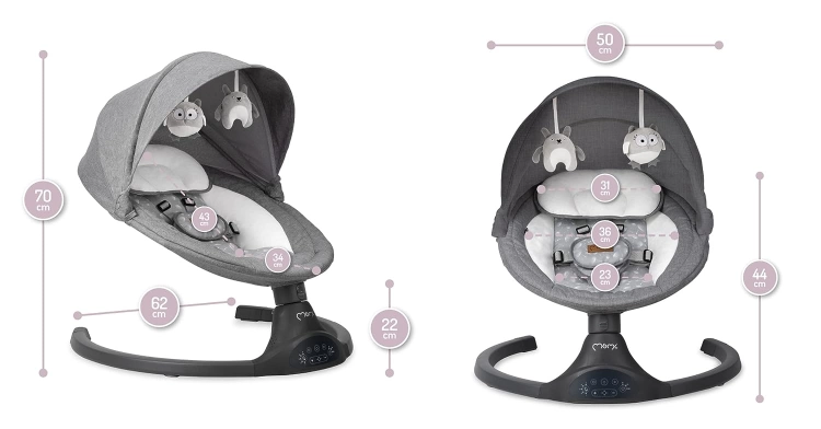 MoMi LAMI leżaczek Huśtawka dla dzieci do 9 kg, składana, z pilotem zdalnego sterowania i Bluetooth do połączenia ze smartfonem