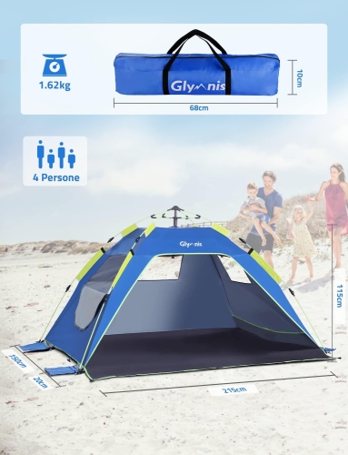 Glymnis Namiot Plażowy Quick Up - Namiot Plażowy Dla 3-4 Osób UV 50+
