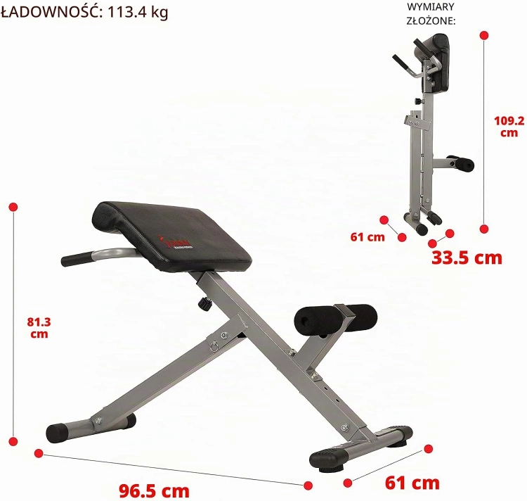 Sunny Health & Fitness Składane hiperwydłużone krzesło rzymskie z przedłużeniem oparcia, domowa siłownia ławka do ćwiczeń pośladkowych i brzucha